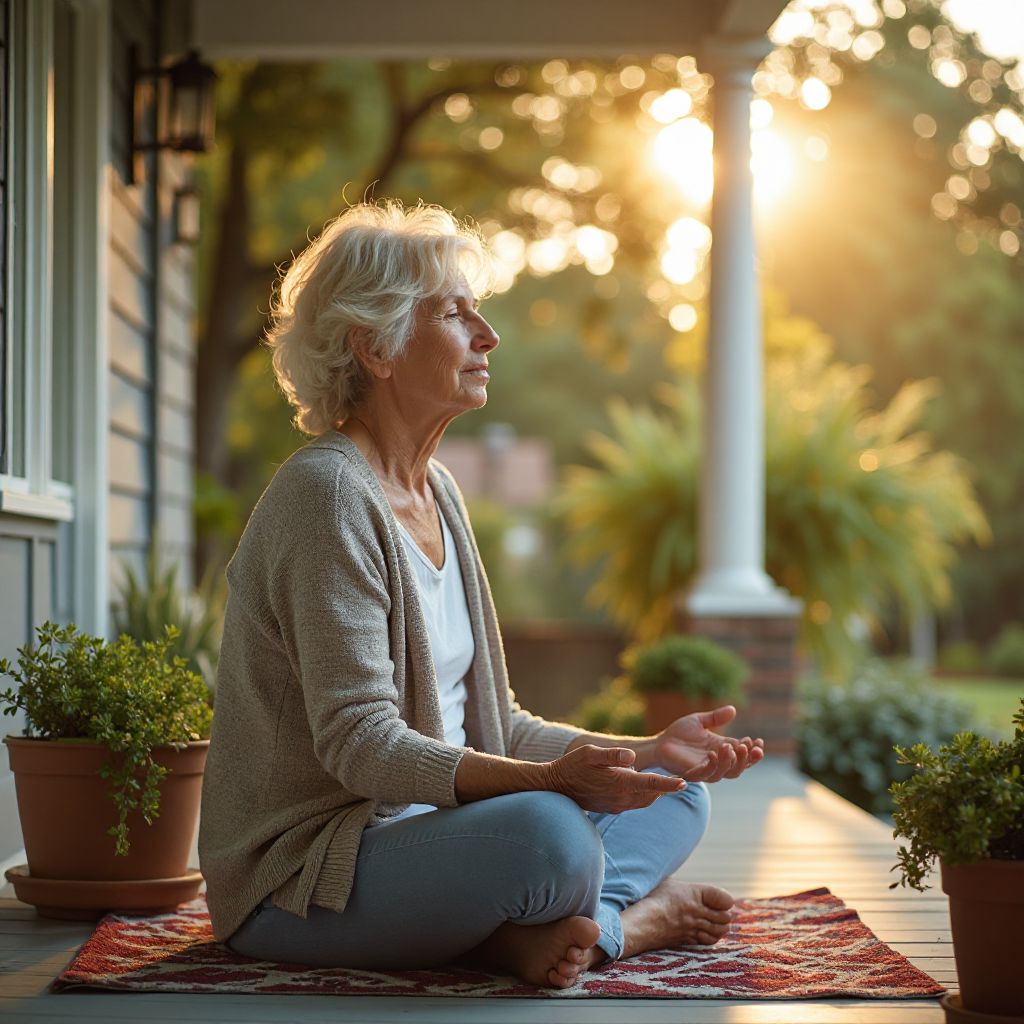 Woman meditating on porch